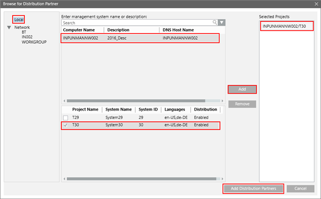 Browse for Distribution Participant Dialog Box for Local Projects in Workgroup