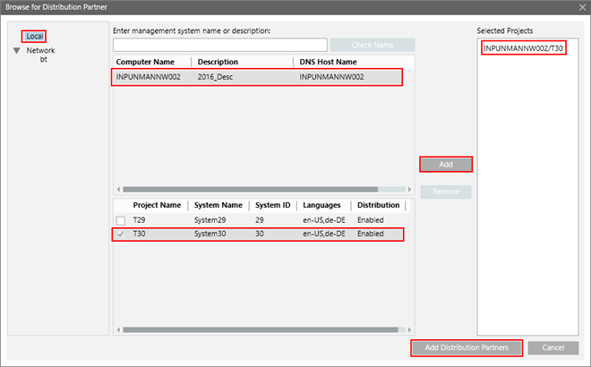 Browse for Distribution Participant Dialog Box for Local Projects in Domain